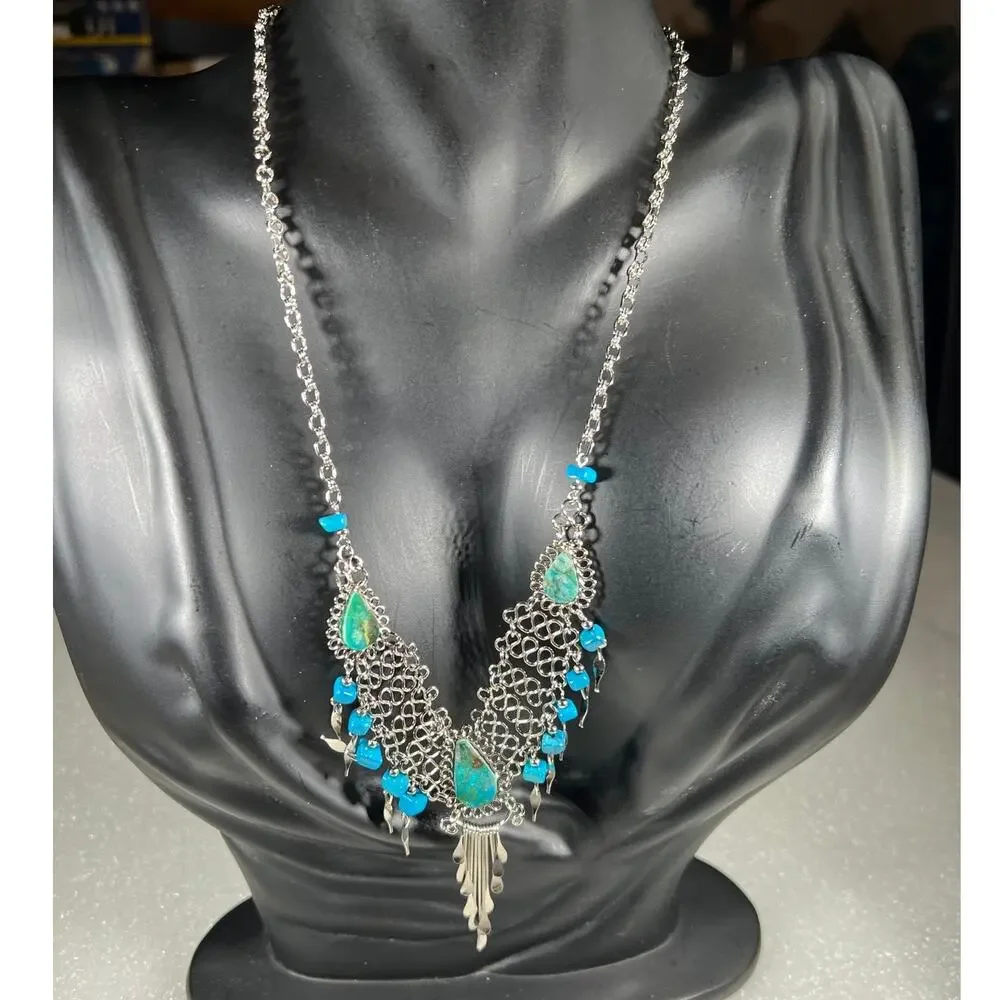 Vintage Natural Stone Hand Crafted Wire Wrap Necklace 80s 90s Southwestern Look - Picture 3 of 16